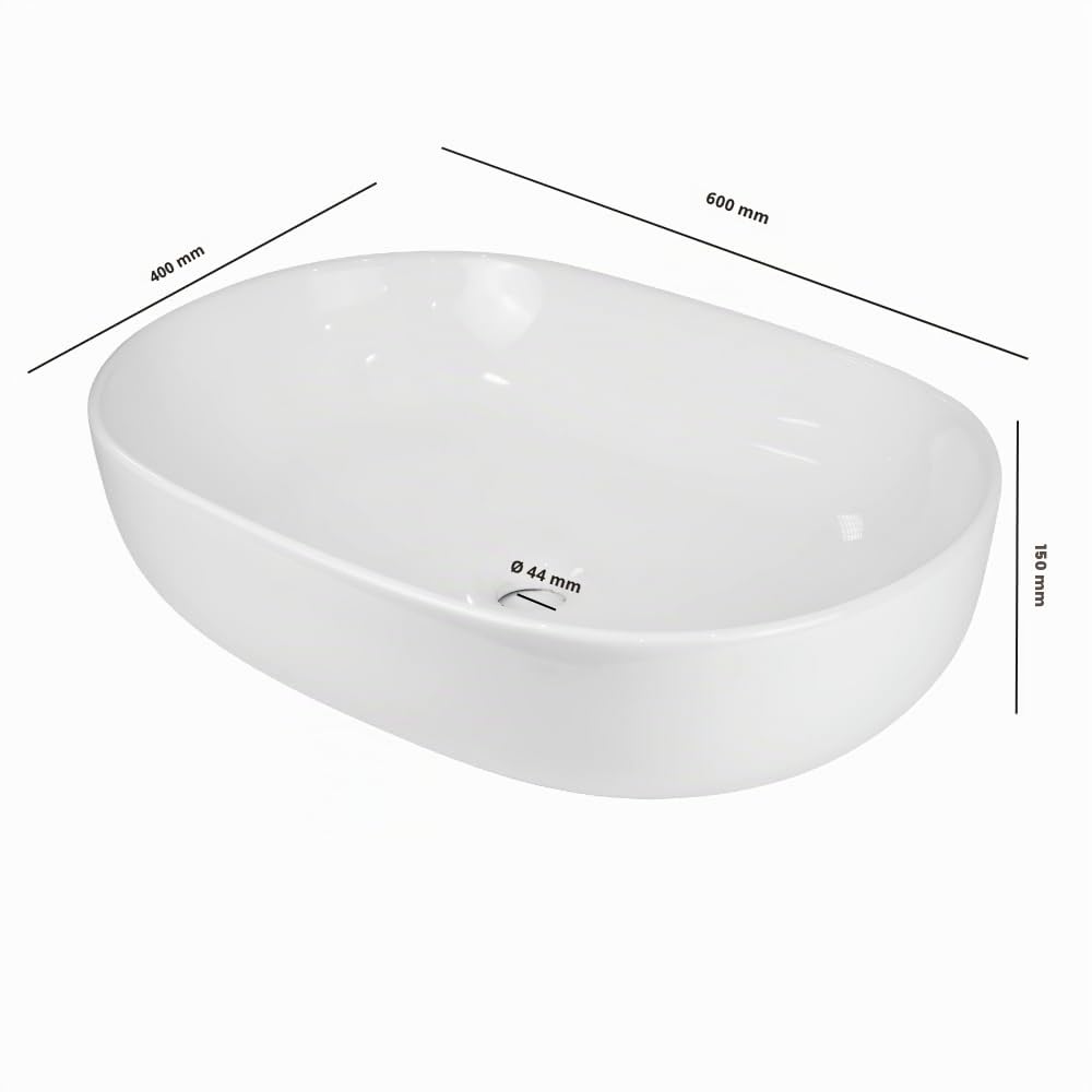 Lavabo Da Appoggio Ceramica Bianco Ovale Arredo Bagno Lavandino 60x40x15 Cm Con Foro Scarico Centrale (Lucido)