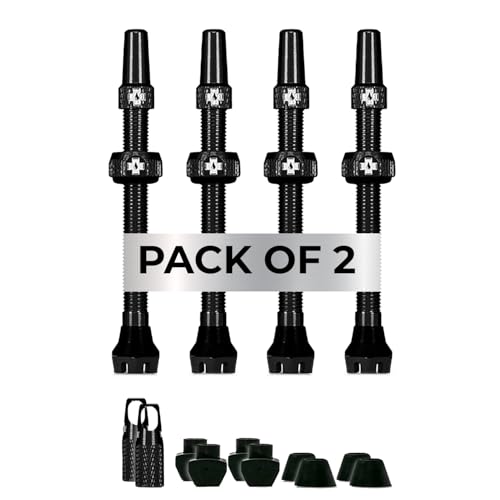 Image of Muc-Off Tubeless Valves V2 – 44mm Black (2-Pack) | 4X 7075 Aircraft-Grade Aluminium Presta Valves with Core Removal Tool | 44mm / 60mm / 80mm - 10 Anodised Color Options | Fits MTB, Gravel & Road