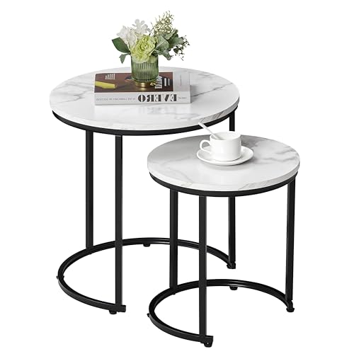 Vida Designs Brooklyn Nest of 2 Round Tables Living Room Stacking side End Tables Metal Frame (Marble)
