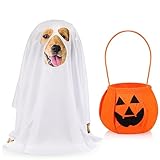 Sweetude Halloween Ghost Dog Costumes with Non Woven Pumpkin Bags White Ghost Costume for Dogs Cosplay Clothes Halloween Trick or Treat Party Cosplay(Small)