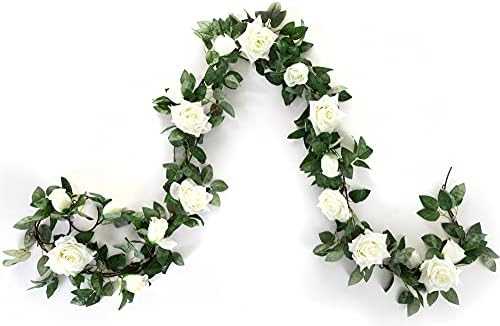Artificial Vines with Flowers 2Pack Fake Silk Rose Flower Hanging Garland for Decoration Wedding Party Wall Outdoor (white, 2)