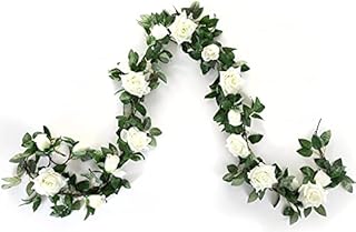 Artificial Vines with Flowers 2Pack Fake Silk Rose Flower Hanging Garland for Decoration Wedding Party Wall Outdoor (white, 2)