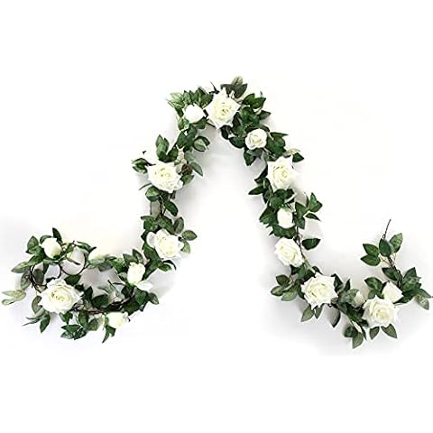 Artificial Vines with Flowers 2Pack Fake Silk Rose Flower Hanging Garland for Decoration Wedding Party Wall Outdoor (white, 2)… Cover