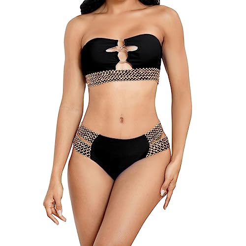 TOEECY Conjuntos de Bikinis para Mujer Sin Tirantes Cut out Push Up Cintura Alta Traje De Baño Acolchados Retro Bañador 2 Piezas Bikinis Viajes Playa La Natacion(Negro,XL)