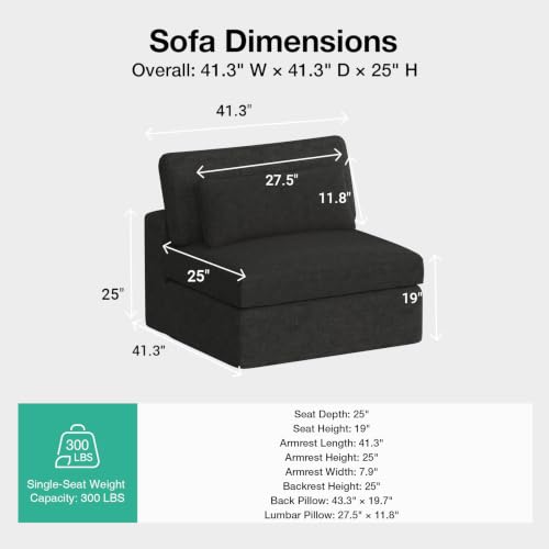 Image of Novilla Deep Seat Modular Sectional Sofa, Removable Washable Covers, Cloud Couch with Lumbar Pillows, Chenille Boneless Sectional Couch Dark Gray, No Assembly Required, Armless Chair