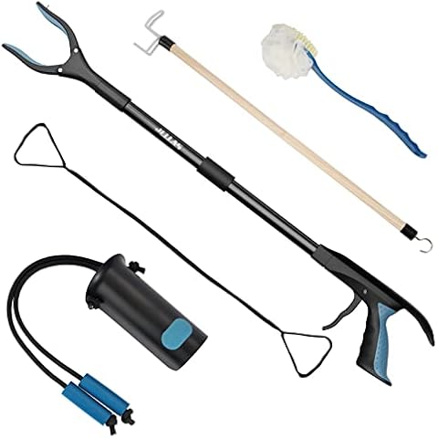 5-Piece Hip Knee Replacement Recovery Kit, JELLAS 32-inch Foldable Reacher Grabber with Shoehorn, Dressing Aids Stick for Seniors, Sock Aid Device, Leg Lifter, Long Handled Bath Sponge Cover