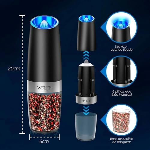 Moedor de Temperos Automático em Aço Inox Gravity Preto 6cm x 6cm x 20cm - Wolff