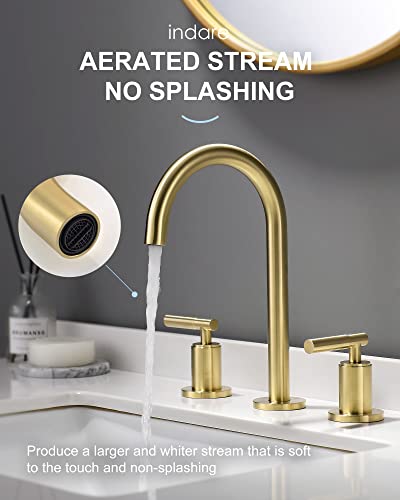 Brushed Gold Bathroom Faucet, Indare Two Handles 360° Swivel Spout Widespread 4Inch 8Inch Brass Bathroom Sink Faucet 3 Hole With Pop-Up Drain And Water Supply Lines, Upgraded Style #TOP2
