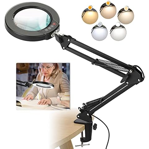 Krstlv 10X Magnifying Glass with Light and Clamp, Upgrade Button 5 Color Modes, Stepless Dimmable LED Lighted Desk Lamp, Hands Free Magnifier with Light and Stand for Craft Hobby Reading Close Work Cover