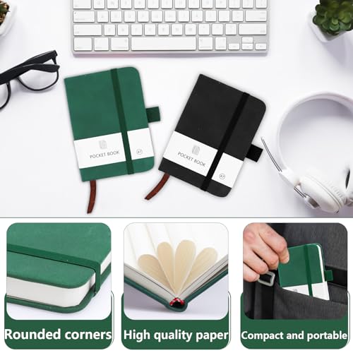 Aimeke 2 Stück A7 Notizbuch Notizblock Kleines Notizbuch mit Gummizugverschluss, Stifthalter Mini Taschen Journal mit 200 Seiten für Schule, Arbeit (Schwarz, Grün)
