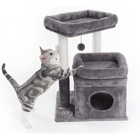 Pesofer Cat Tree, Small Cat Tower with Dangling Ball and Perch Dark Gray Cover