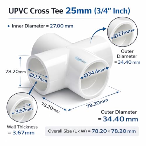 Image of DEHRAN UPVC Cross Tee Pipe Fitting 25mm(3 /4 Inch) | Durable White UPVC Connector for Home & Industrial Plumbing