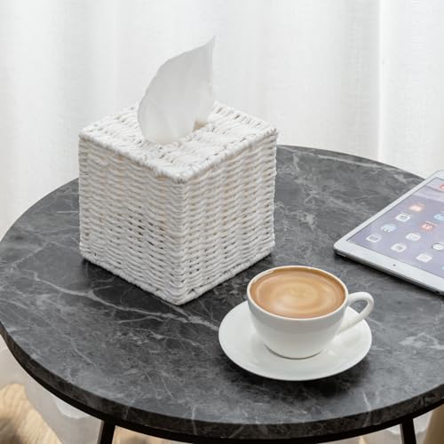 MyGift Decorative White Woven Square Tissue Box Holder with Easy Open Refill Bottom, Bathroom Decor Facial Tissues Cover with Sturdy Paper Rope Material by MyGift - Image 3
