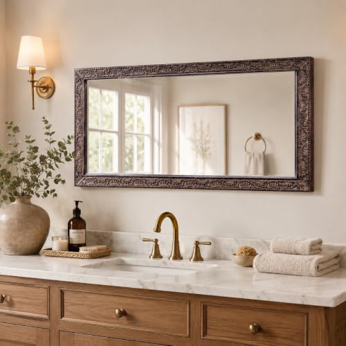 Image of Wooden Bathroom Wall Mirror,Solid Wood Frame -48x24x1.25 Burnt Brown