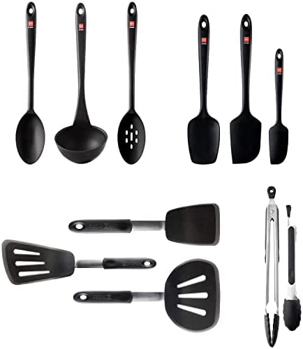 DI ORO 11-Piece Silicone Kitchen Utensil Set - 600°F Heat-Resistant Nonstick Turners, Spoons, Spatulas, Ladles & Stainless Steel Tongs - Nonstick Cookware Safe Tools for Baking & Cooking (Black)