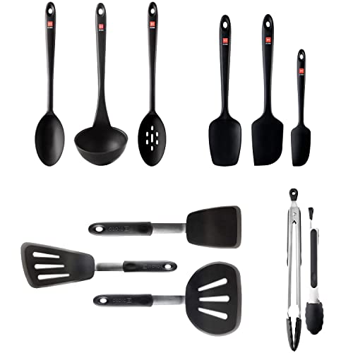 Di Oro 11-Piece Silicone Kitchen Utensil Set - 600°F Heat-Resistant Nonstick Turners, Spoons, Spatulas, Ladles & Stainless Steel Tongs - Nonstick Cookware Safe Tools For Baking & Cooking (Black) #TOP16