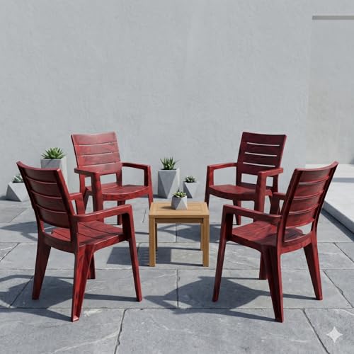 Image of Cello Jordan Polypropylene Plastic Arm Chair | Modern Multipurpose Seating for Home, Office, Garden & Balcony | Ergonomic Indoor & Outdoor Furniture (Color: Rosewood, Set of 4 piece)