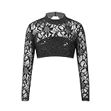 iixpin Mädchen Crop Top Langarm Shirt Ballett Tanz Gymnastik Oberteil Sporttop Bauchfrei Glitzerndes Tops Kinder Turnen Training Yoga Fitness Kleidung Schwarz 134-140/9-10 Jahre