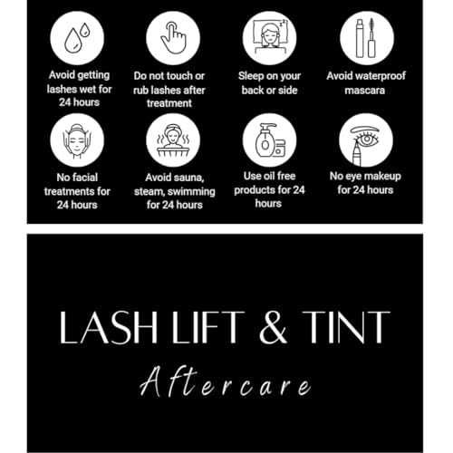 Lash Lift and Tint Aftercare Card | 50 Pack | 2x3.5 Inch Business Card Size | Lash Lift and Tint, Black & White Simple Design with Illustration & Instruction