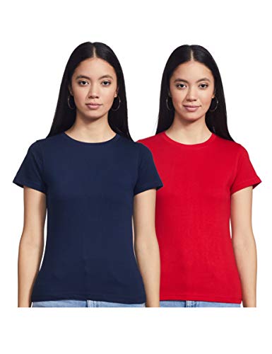 T2F Women’S Plain Regular Fit T-Shirt (Pack Of 2) (Wom-Solid-Combo-03_Navy, Red Xx-Large)