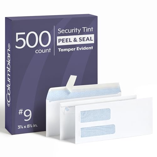 Columbian #9 Security Envelopes, 500 Pack, Double Window Self Seal Envelopes for Invoices and Business Mailings, Tamper Evident, 3-7/8" x 8-7/8", Durable 24 lb White Paper