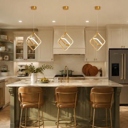 Image of Modern LED Chandelier Gold Rectangular Pendant Light Fixtures 4000K 20W Dimmable Height Adjustable Pendant Lighting for Dining Room Kitchen Island Bedroom Living Room Foyer(3-Pack)