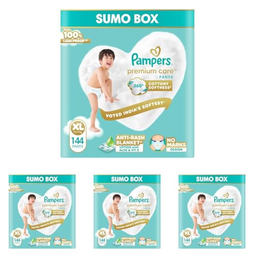 Image of Pampers Premium Care Pant Style Baby Diapers XL 144 Count | No Marks Design | Voted India's #1 Softest Diaper | All in 1 diaper with 360 Cottony Softness (Pack of 4)