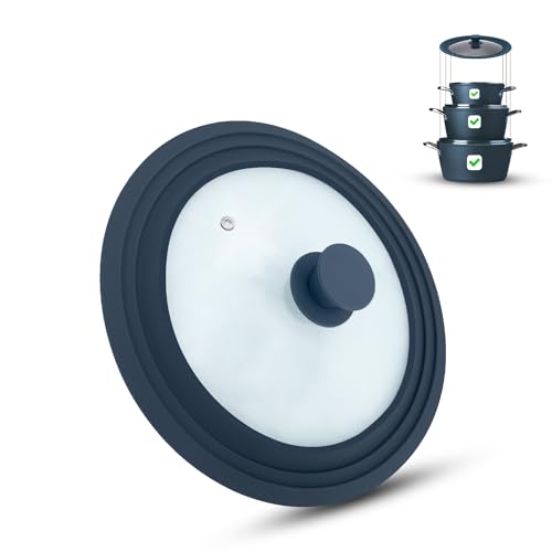 M.S.N - Coperchio universale in vetro, per pentole e padelle da 28/30/32 cm, con valvola di scarico e bordo in silicone (grigio)