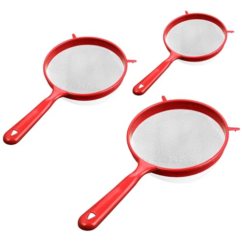 Setaccio da Cucina, 3 Misure (3/4/5 Dia.) Setacci a Maglia Fine per Cucinare, Colino con Manico in Plastica per Farina Lavaggio Alimenti Drenante Pasta Spaghetti Riso Verdura, Rosso, Setacci per Cuci