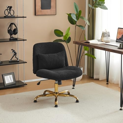 Bonnlo Wide Criss Cross Legged Office Chair Ergonomic Swivel Chair with Gold Base & Memory Foam Pillow, Adjustable Armless Computer Chairs with Wheels,Teddy Fleece Fabric (Elegant Black)