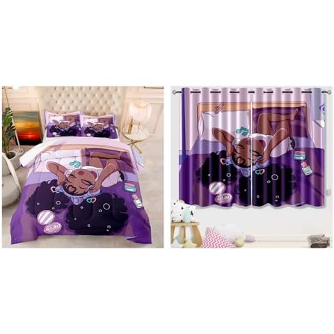 kodhyvj Black Girl Comforter Set Full Size+ Girl Blackout Curtains 82 in x 63 in Cover