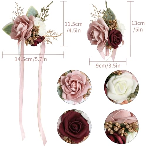 INSUNSIX Blush Pink Corsage and Boutonniere Set for Wedding Prom Bride Groom Homecoming Rose Wristlet Band Bracelet Men Boutonniere Set Red Corsage Wristband Boutonniere for Wedding Suit Decorations