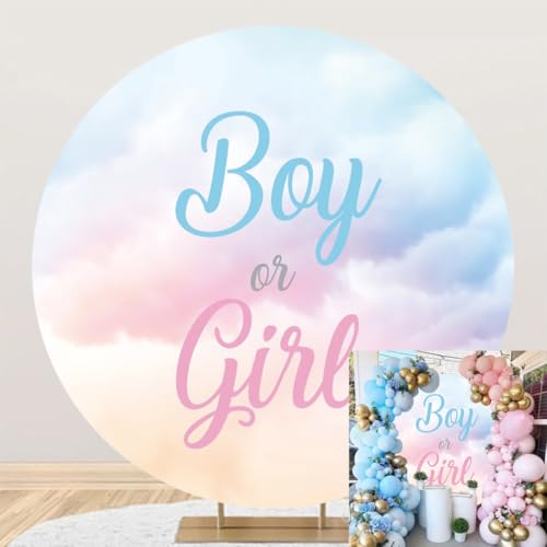 Laeacco 6.5x6.5ft Boy or Girl Gender Reveal Round Backdrop Blue Pink Clouds Circle Background for Photography Newborn Baby Shower Gender Reveal Surprise Party Cake Table Decorations Photo Booth Props