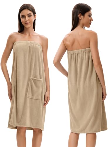 Image of Towel Wrap For Women After Shower,Plush Bath Robe Female,Sauna Spa Wrap Around Towels With Pockets