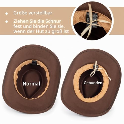 INOGIH Westernhut für Damen und Herren, Cowboy- und Cowgirl-Hut, Fedora Mit Pull-On-Verschluss, Breite Krempe, Braun, Medium