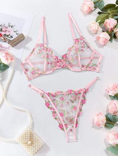Image of Lilosy Sexy Floral Embroidered Mesh Sheer Underwire Lingerie Set
