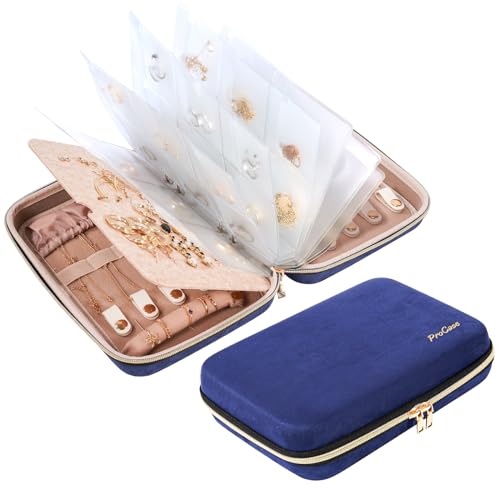 ProCase Extra Large Jewelry Organizer Case, Jewellery Home Storage Book Ring Binder with Clear Pockets for Presentation, Zippered Pouch Bag for Earrings Necklaces Bracelets -Navy