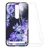 ESCAMOT Bedruckte Hülle + 2 Glas Schutzfolie Kompatibel mit Asus Zenfone 2 ZE551ML, Stoßfeste Weiche Cover & HD Klare Tempered Glass Folie (Lila Blumen)