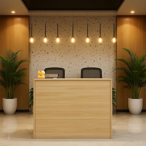 Image of TEKAVO Jupiter Reception Table for Store, Shop & Gym 100 Cm Long | Front Checkout Counter with Lock Drawers & Open Shelf | Cash Counter Table | Light Brown Wood | 100 x 45 x 92 CM | DIY Assembly
