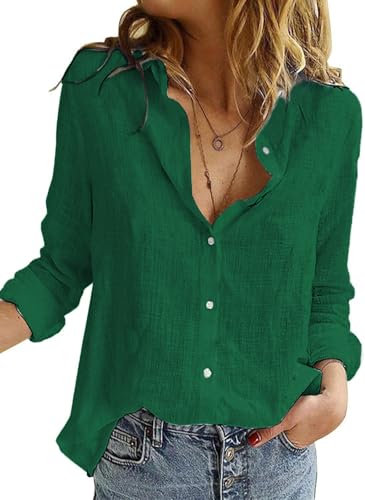Xmrtxx Bluse Damen Elegant Langarm V-Ausschnitt Hemd Musselin Bluse Button Down Oberteile Revers Kragen Blusenshirt Einfarbig Damenblusen Baumwolle Leinenbluse Herbst Grün