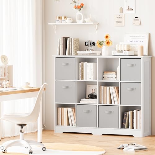 Image of 12 Cube Storage Organizer Shelf, Wood Cubby Storage with 6 Fabric Drawers, 3 Tier Wooden Bookshelf with 2 Adjustable Shelves & Fluted Side Panels for Bedroom, Living Room, Home Office, Whtie