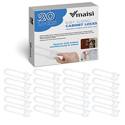 Vmaisi Baby Sliding Cabinet Locks - Adjustable U Shaped Child Safety Locks for Cabinets with Handles or Knobs, Childproof Latches for Kitchen Bathroom Storage Cupboards 4 Pack