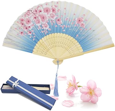 Grantop Folding Hand Fans, Handheld Folding Fan for Women, Chinese Vintage Style Handheld Silk Folding Fan for Birthday Wedding Party Decoration (Black-Cherryblossom)
