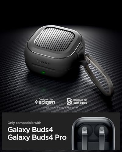 Spigen for Samsung Galaxy Buds 4 Pro Case/Galaxy Buds 4 Case (2026), Rugged Armor Drop-Protection Cover with Carabiner - Matte Black