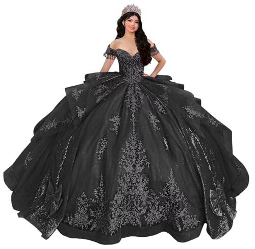 Mauuwy Black Off Shoulder Quinceanera Dress with Tassels 24Plus Size