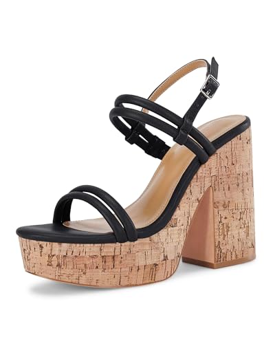 Coutgo Womens Cork Wedge Sandals Heels Open Toe High Heel Platform Slingback Ankle Strap Buckle Summer Dressy Shoes, Black, Size 8