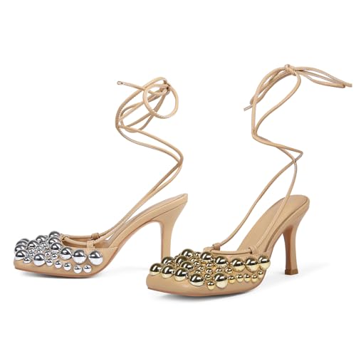 Image of Saint Leia Women's 4IN High Heel Sandals Nude Stiletto Pumps with Gold Silver Pearls Heels for Weddings Parties and Evening Wear
