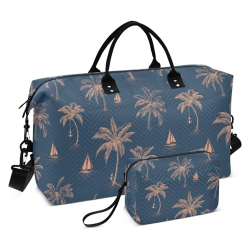 Sailboat Palm Tree Blue Large Travel Duffle Bag Weekender Overnight Bags Gym Yoga Bag for Women Men with Toiletry Bag