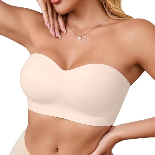 DEANGELMON Strapless Bras for Women Bandeau Bra - Push Up Wireless Padded Tube Top Bra with Clear Straps - Plus Size Bralette Light Skin Medium