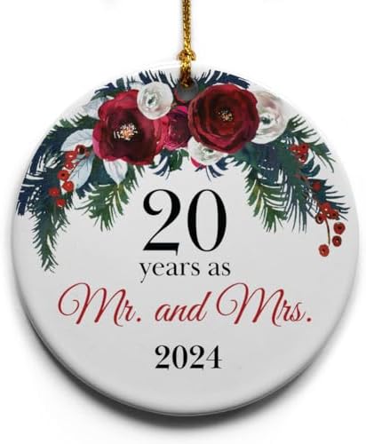 20 Years as Mr. and Mrs. | 20th Wedding for Wife him Couple Husband Ceramic Christmas Tree Ornament Collectible Holiday Keepsake 2.875″ Round Ornament in Decorative Gift Box with Bow